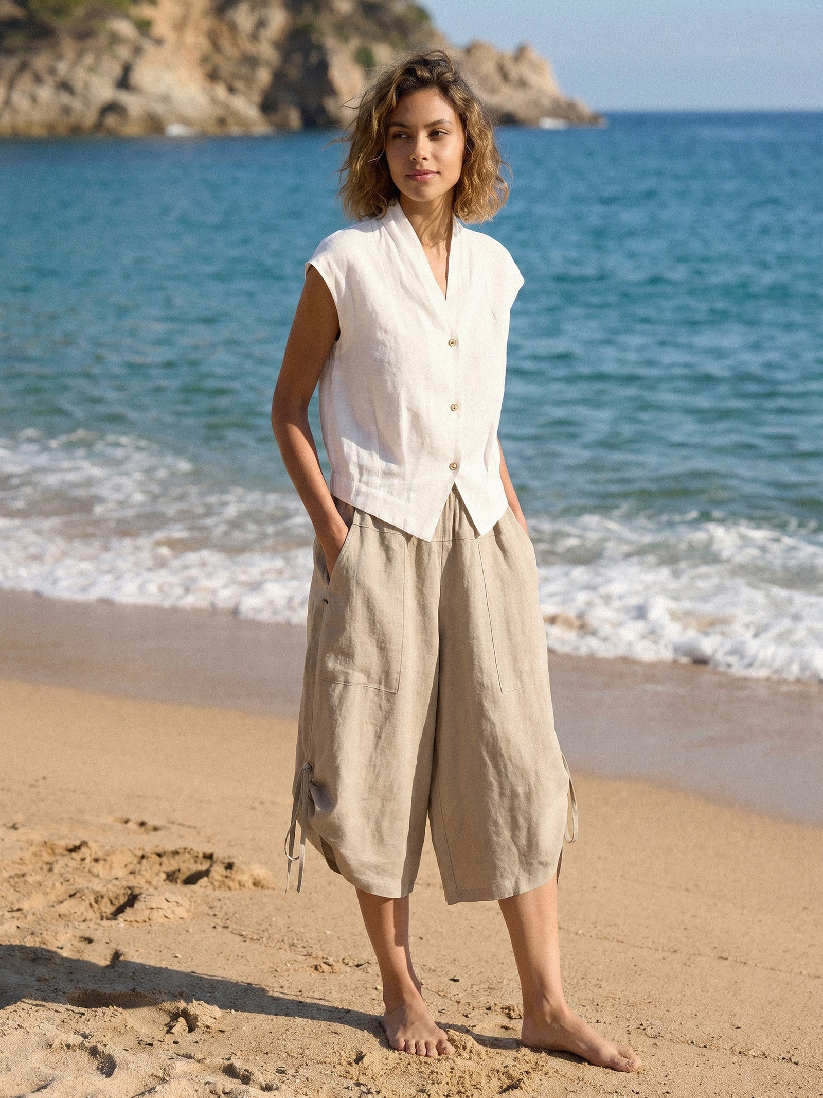 100% Linen Drawstring Hem Elasticated Waist Balloon Pants CALANTHE