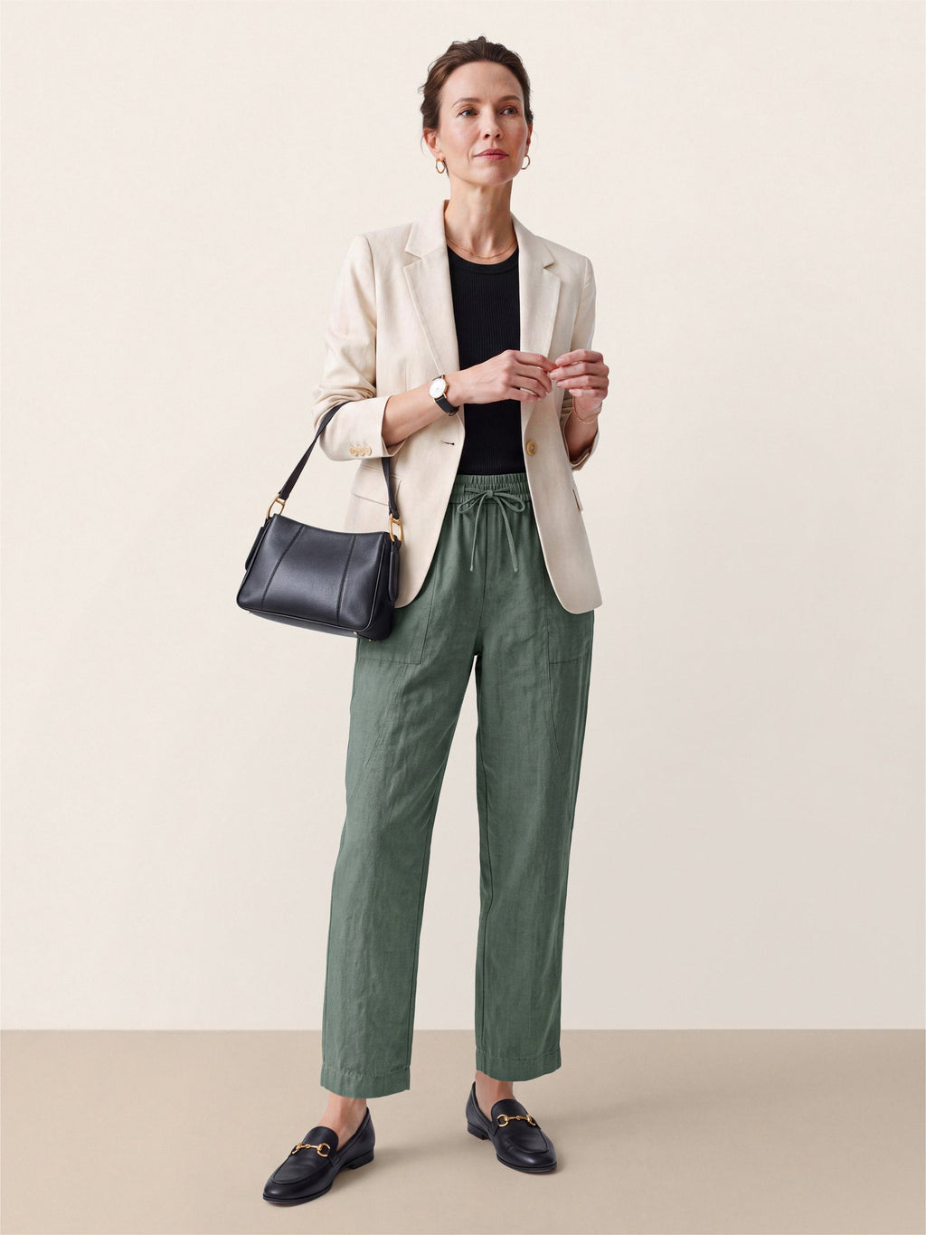 100% Linen Drawstring Utility Ankle Pants AMELINE