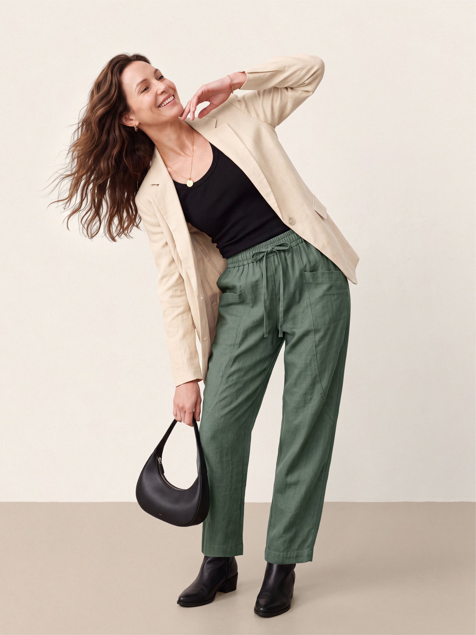 100% Linen Drawstring Utility Ankle Pants AMELINE