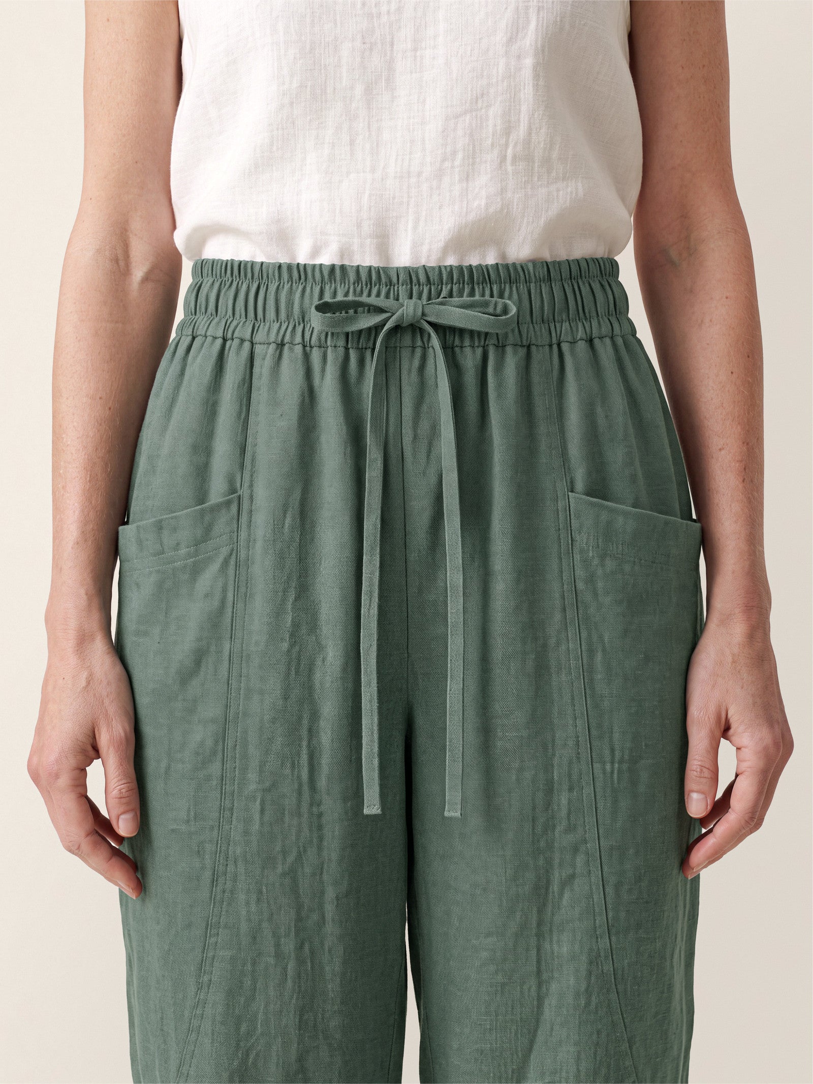 100% Linen Drawstring Utility Ankle Pants AMELINE