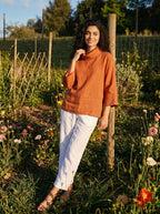 100% Linen Dropped Collar Long-Sleeve Top TRISTAN