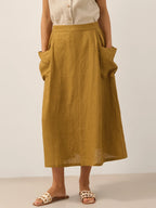 Linen Checked Elastic Waist Skirt MARINA