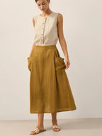 100% Linen Elastic Waist Skirt MARINA