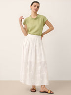 100% Linen Floral Embroidered Elastic Waist Maxi Skirt FREYAH