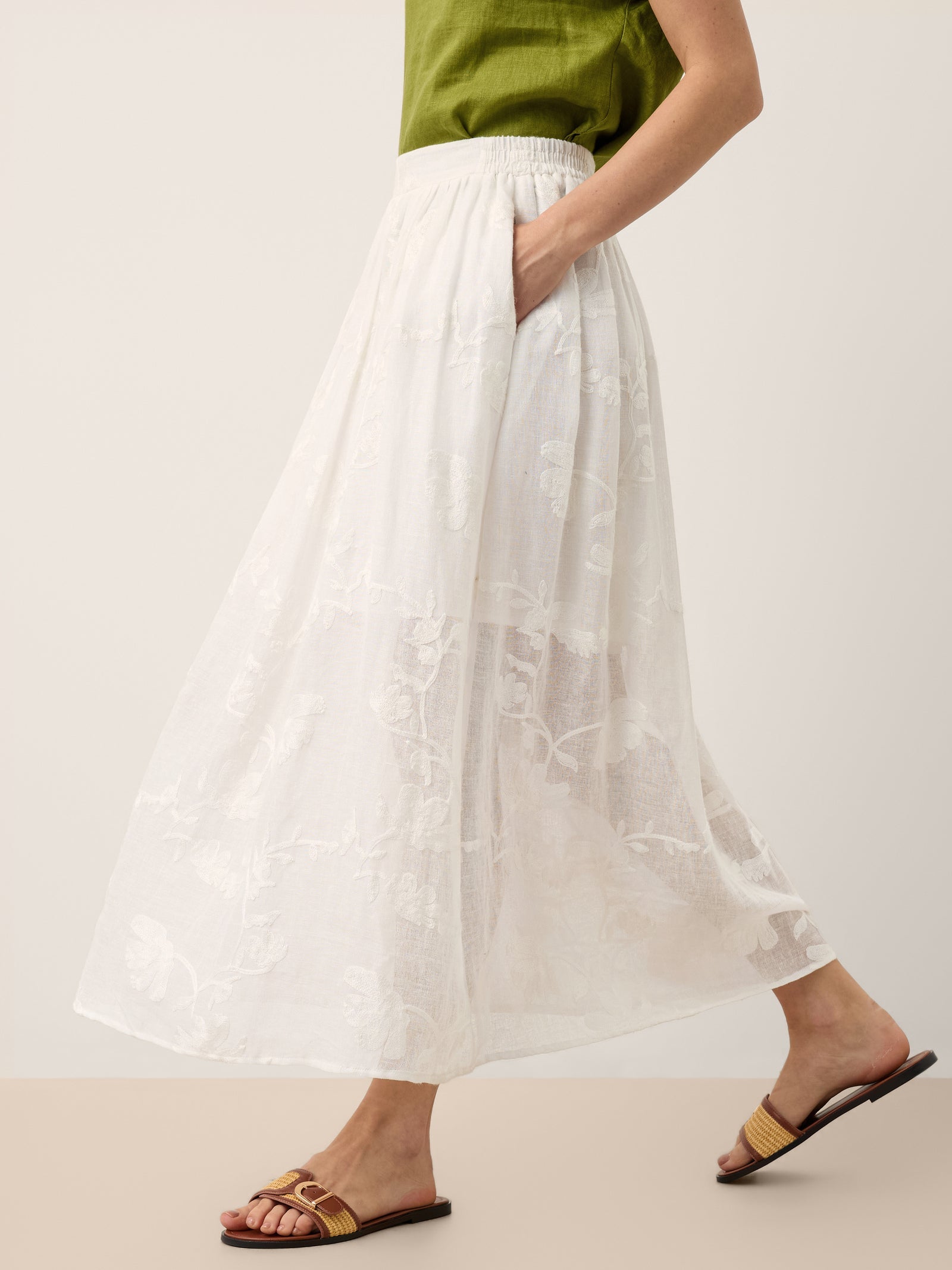 100% Linen Floral Embroidered Elastic Waist Maxi Skirt FREYAH