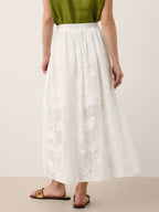 100% Linen Floral Embroidered Elastic Waist Maxi Skirt FREYAH