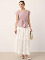 100% Linen Floral Embroidered Elastic Waist Maxi Skirt FREYAH