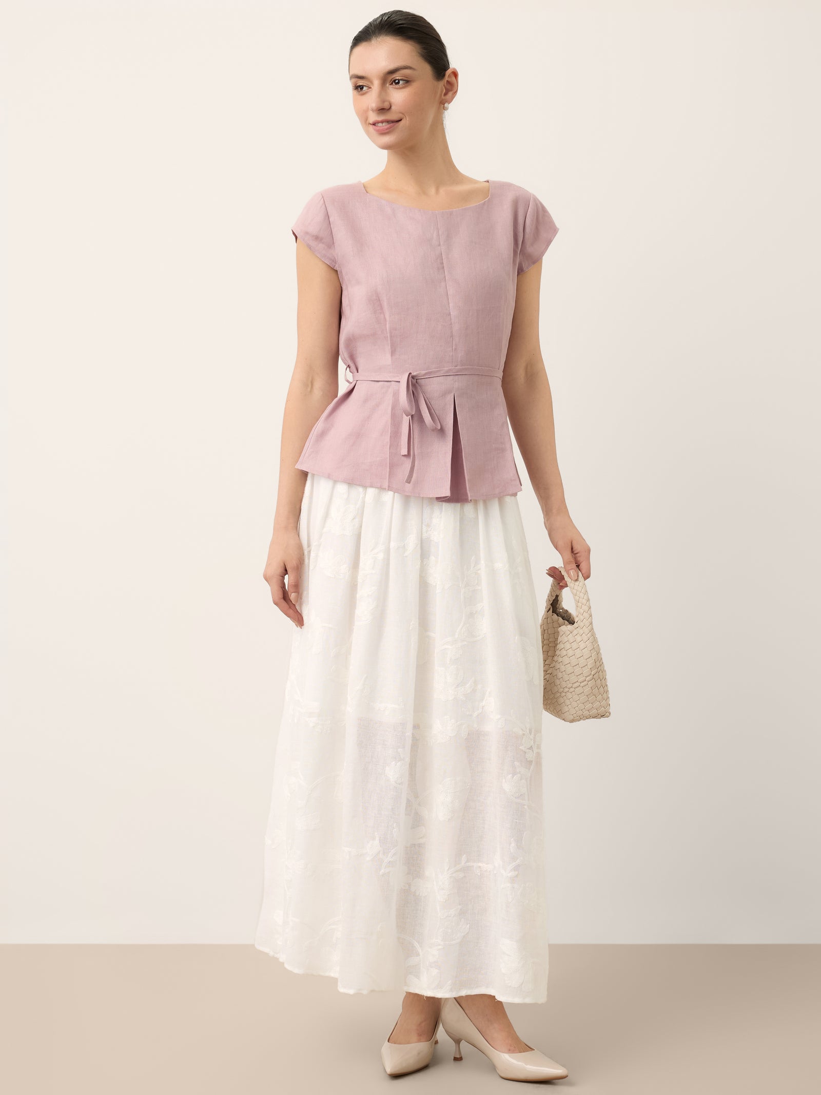 100% Linen Floral Embroidered Elastic Waist Maxi Skirt FREYAH