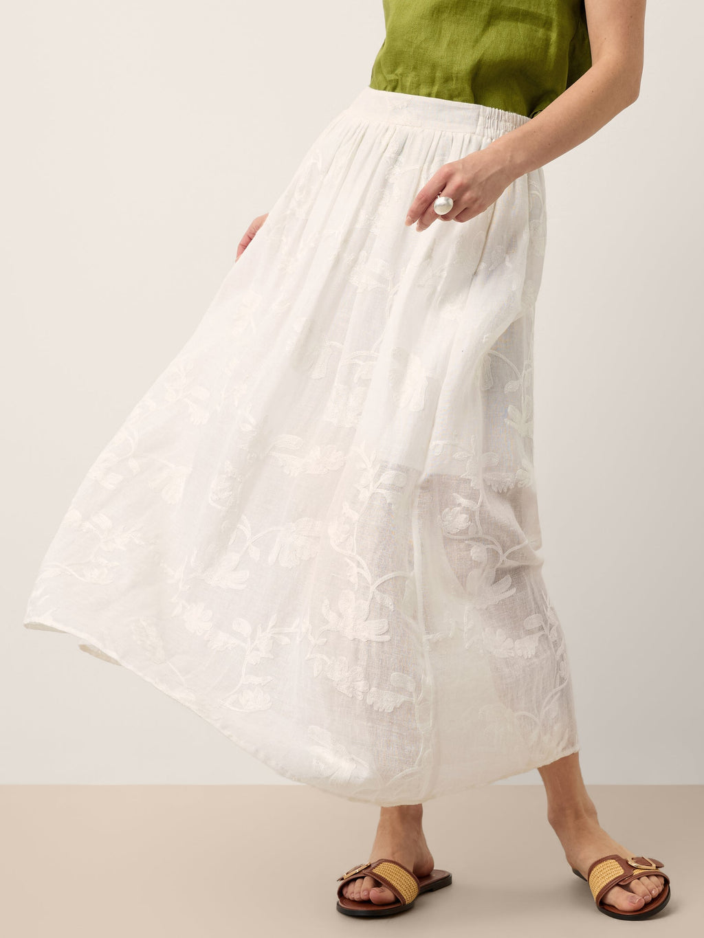 100% Linen Floral Embroidered Elastic Waist Maxi Skirt FREYAH