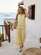 100% Linen Lattice Hem Cropped Wide Leg Pants EMMELINE