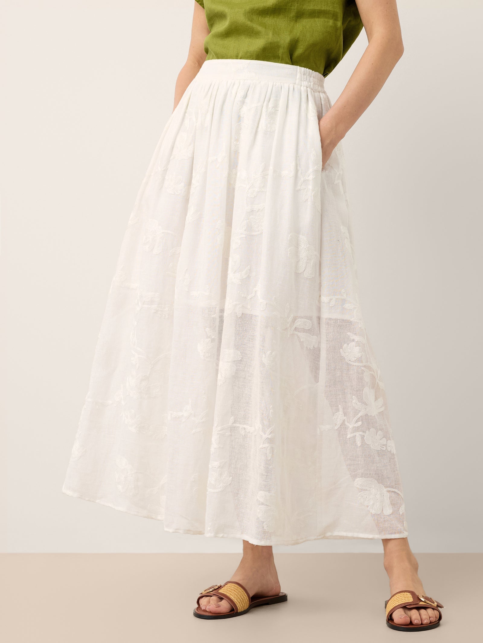 100% Linen Floral Embroidered Elastic Waist Maxi Skirt FREYAH