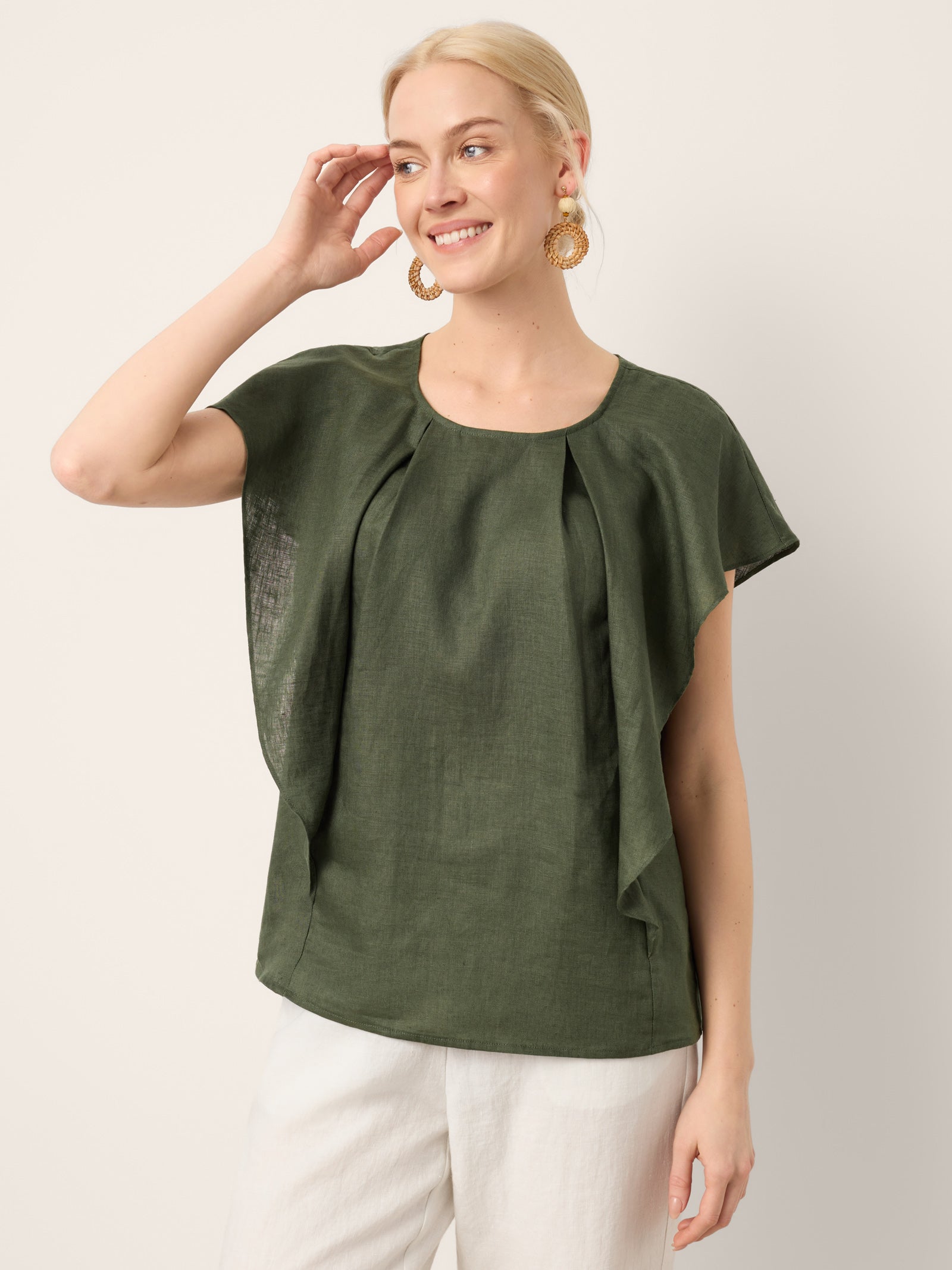 100% Linen Flutter Sleeve Sculpted Pleat Top DRUSILLA