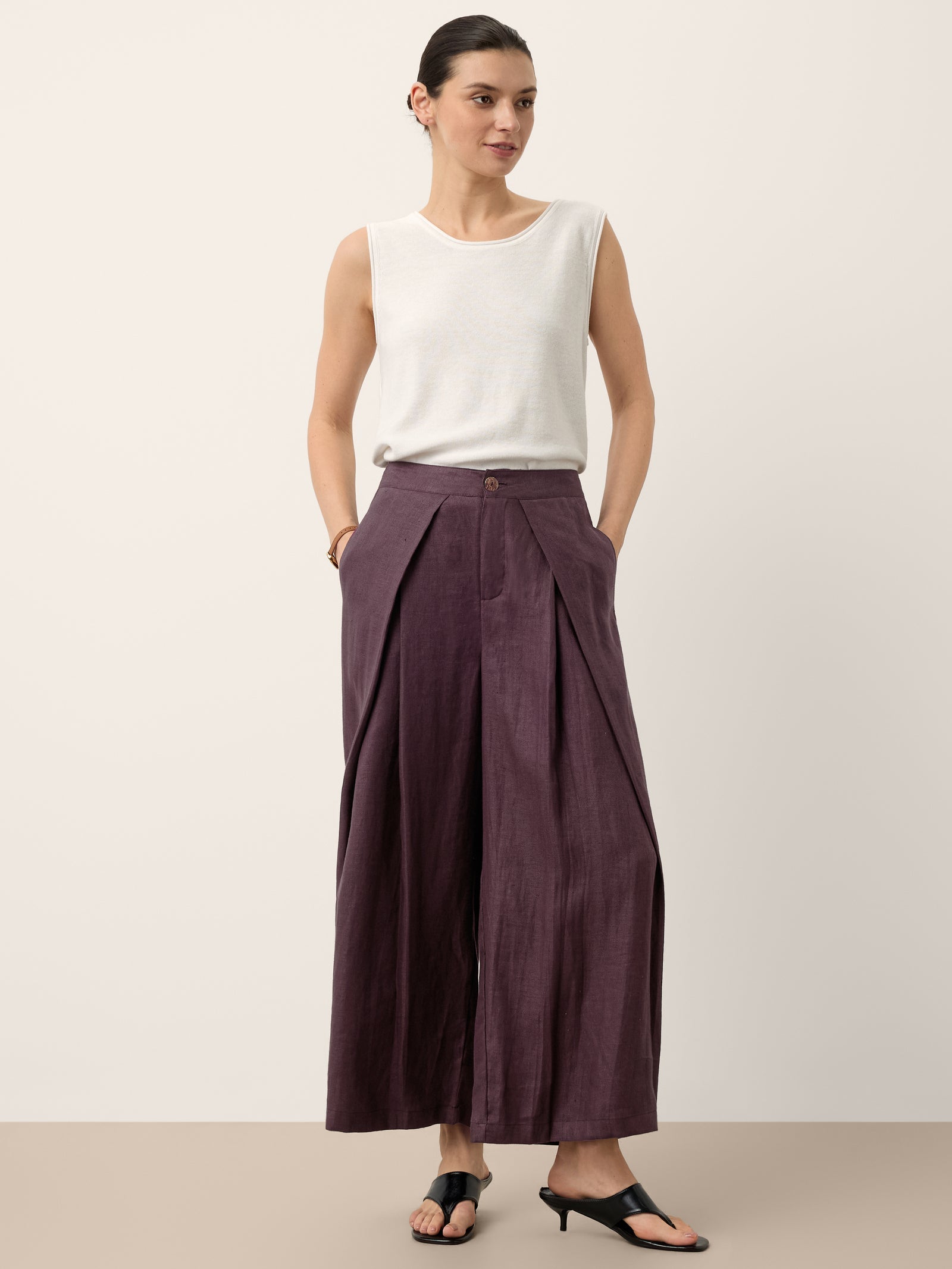 100% Linen Yarn Dyed Pleated Elastic Waist Wide Leg Culottes PALOMA