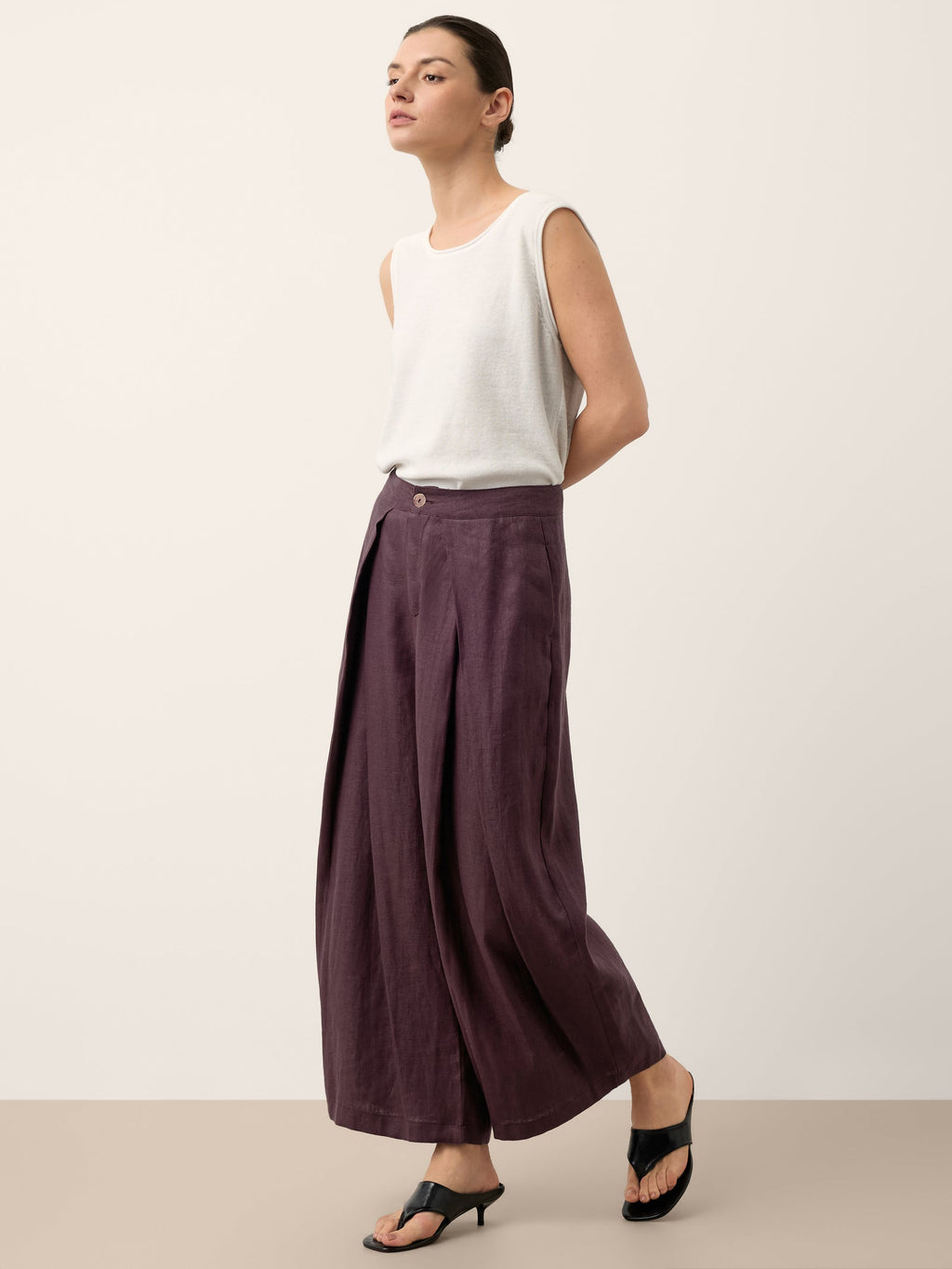 100% Linen Yarn Dyed Pleated Elastic Waist Wide Leg Culottes PALOMA