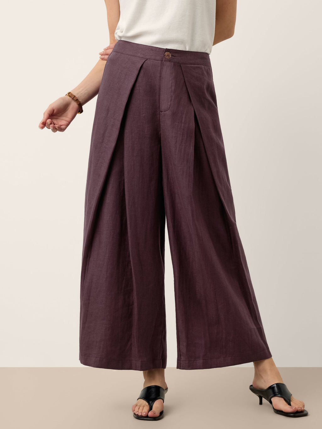 100% Linen Yarn Dyed Pleated Elastic Waist Wide Leg Culottes PALOMA