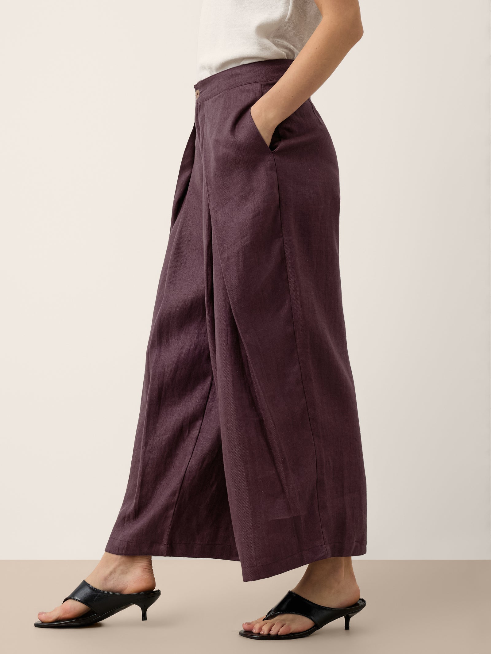 100% Linen Yarn Dyed Pleated Elastic Waist Wide Leg Culottes PALOMA