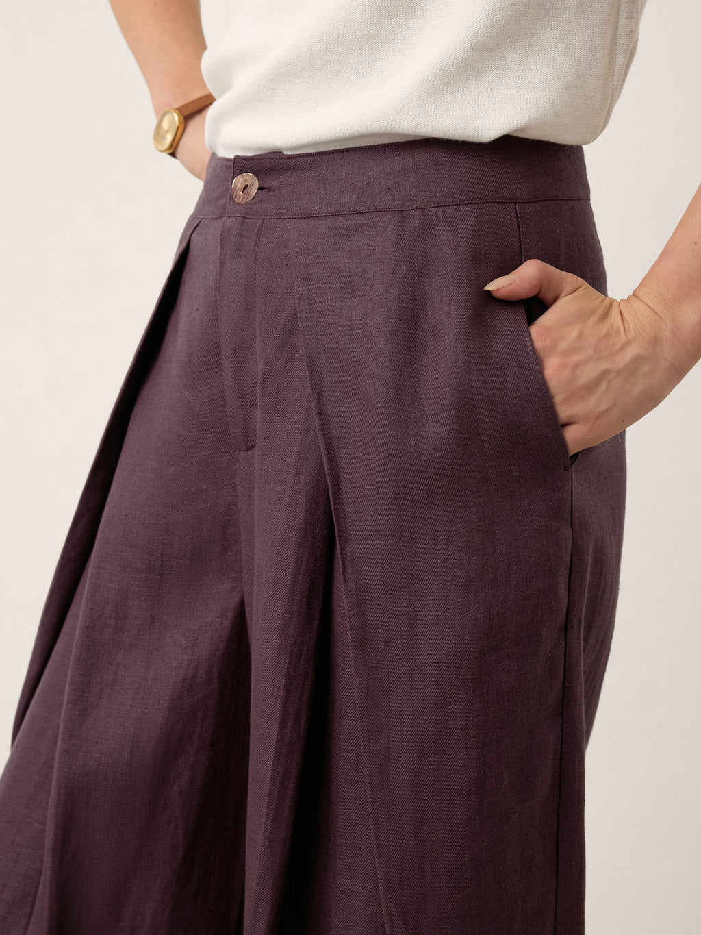 100% Linen Yarn Dyed Pleated Elastic Waist Wide Leg Culottes PALOMA