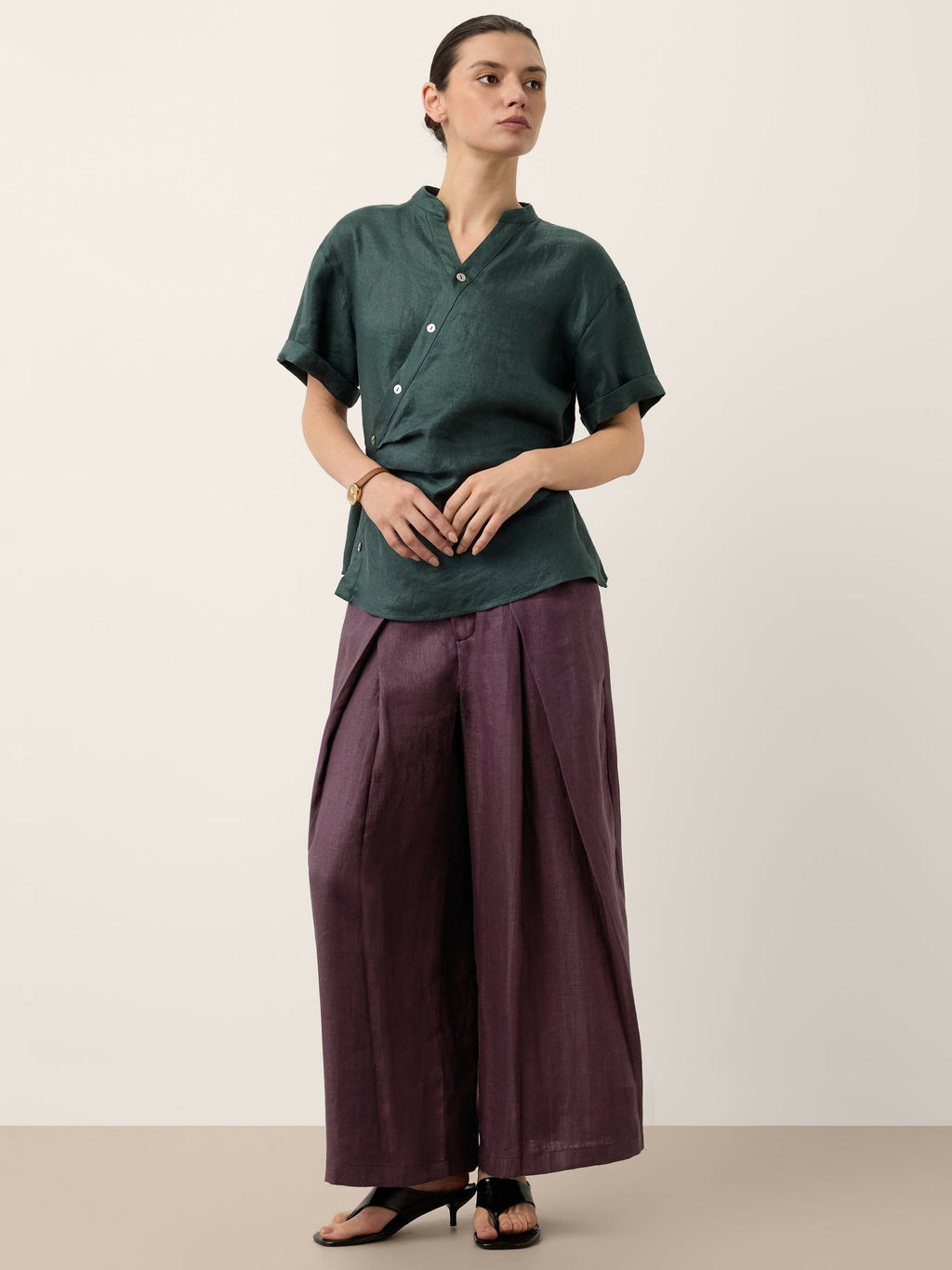 100% Linen Yarn Dyed Pleated Elastic Waist Wide Leg Culottes PALOMA
