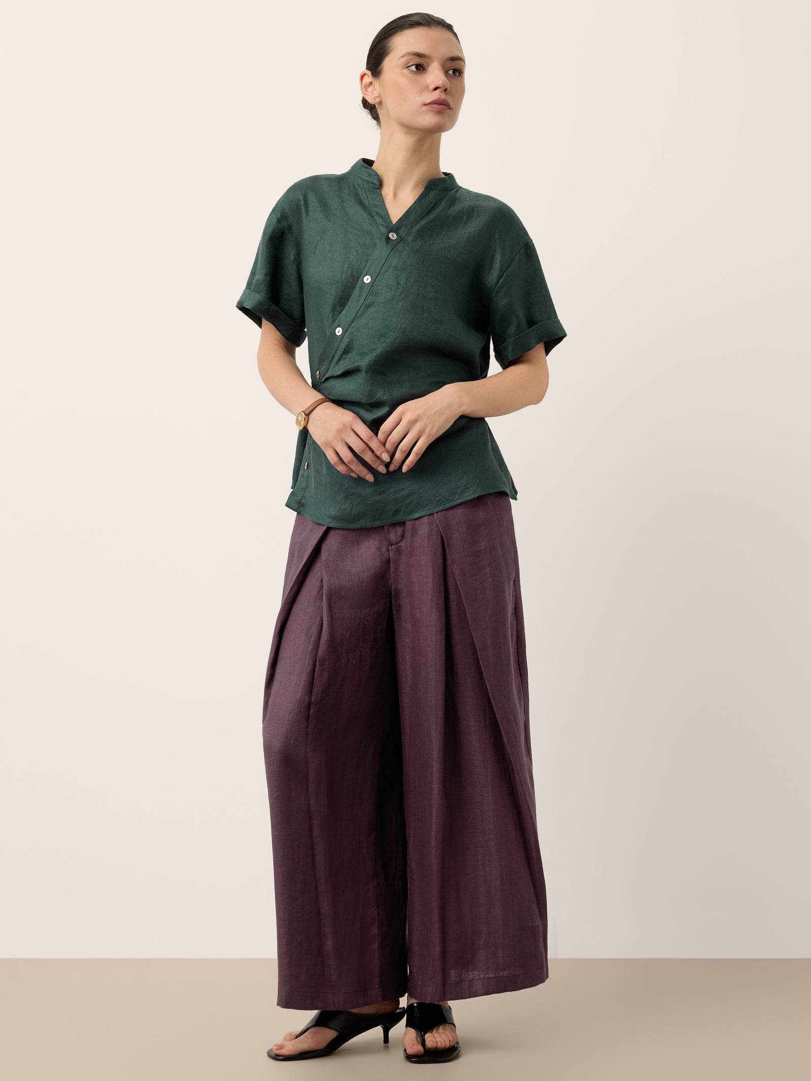 100% Linen Yarn Dyed Pleated Elastic Waist Wide Leg Culottes PALOMA