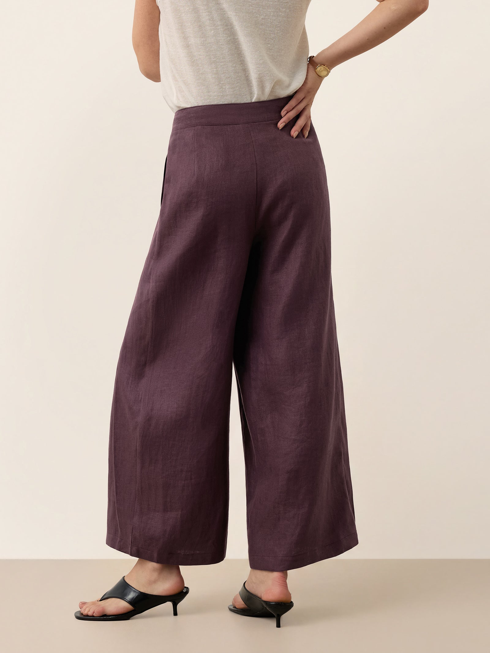 100% Linen Yarn Dyed Pleated Elastic Waist Wide Leg Culottes PALOMA