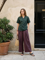 100% Linen Yarn Dyed Pleated Elastic Waist Wide Leg Culottes PALOMA