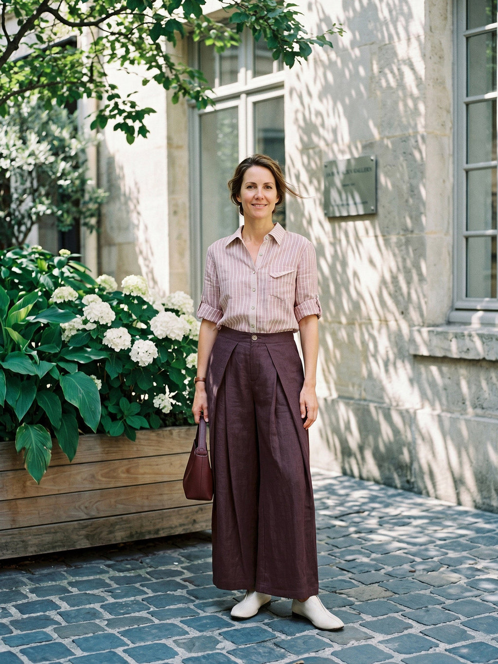 100% Linen Yarn Dyed Pleated Elastic Waist Wide Leg Culottes PALOMA