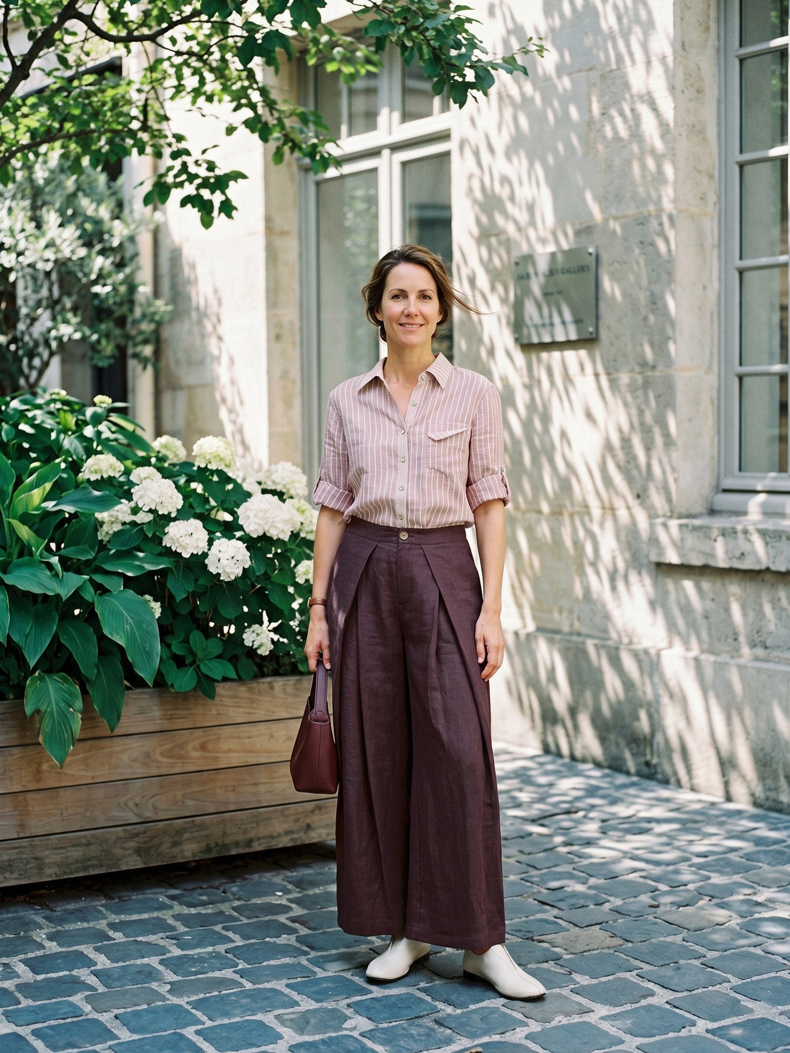 100% Linen Yarn Dyed Pleated Elastic Waist Wide Leg Culottes PALOMA