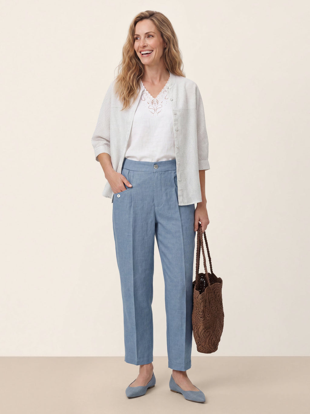 100% Linen Front Pleat Tapered Ankle Pants VIVICA