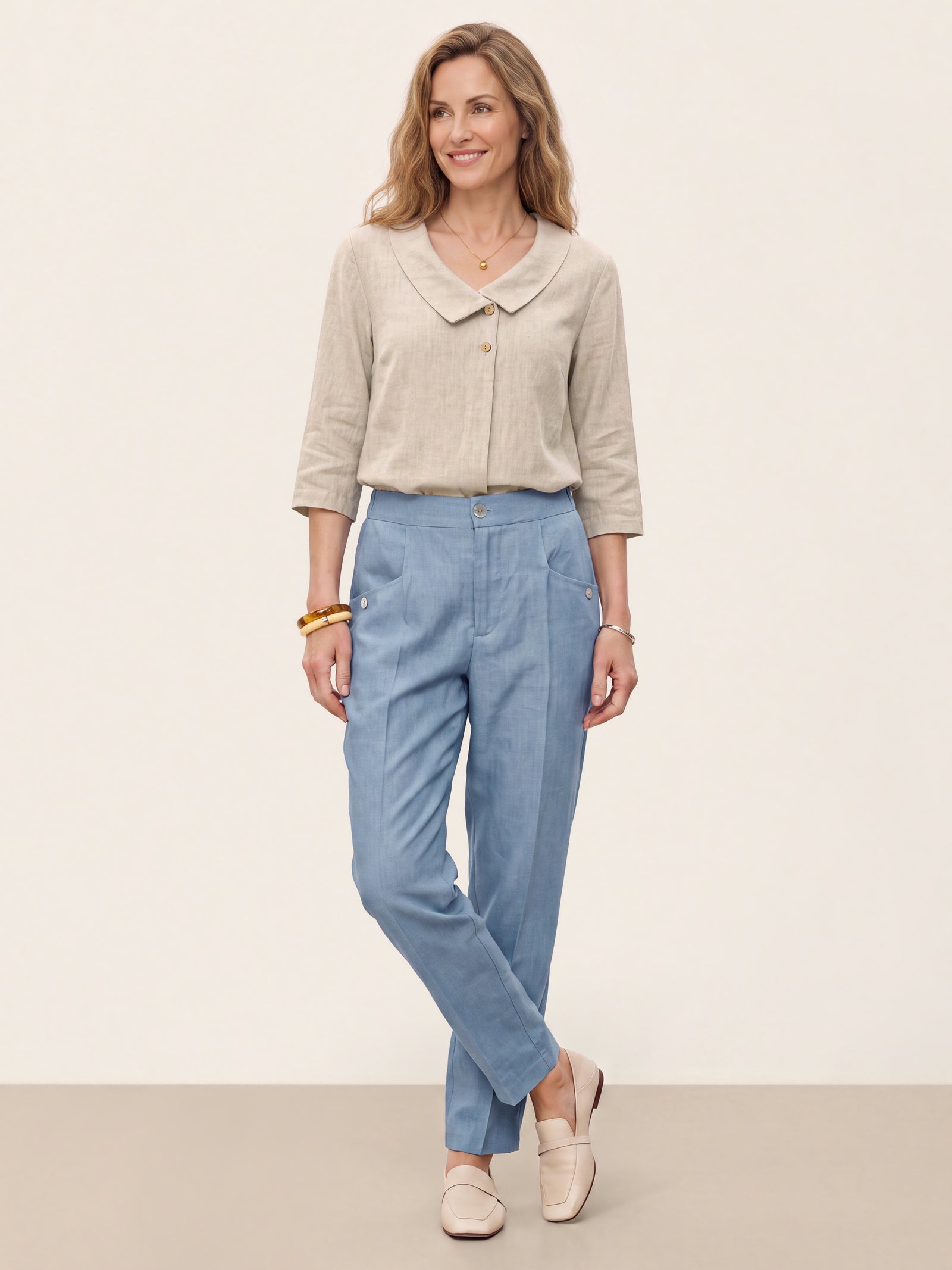 100% Linen Front Pleat Tapered Ankle Pants VIVICA