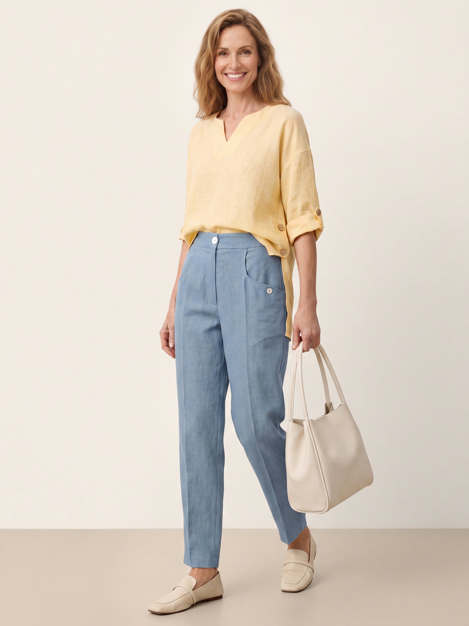 100% Linen Front Pleat Tapered Ankle Pants VIVICA