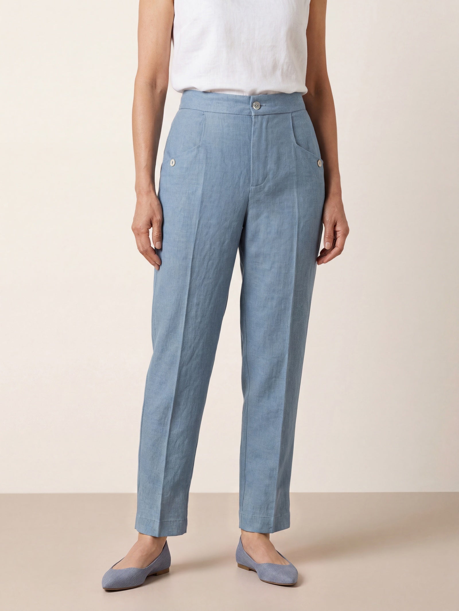 100% Linen Front Pleat Tapered Ankle Pants VIVICA