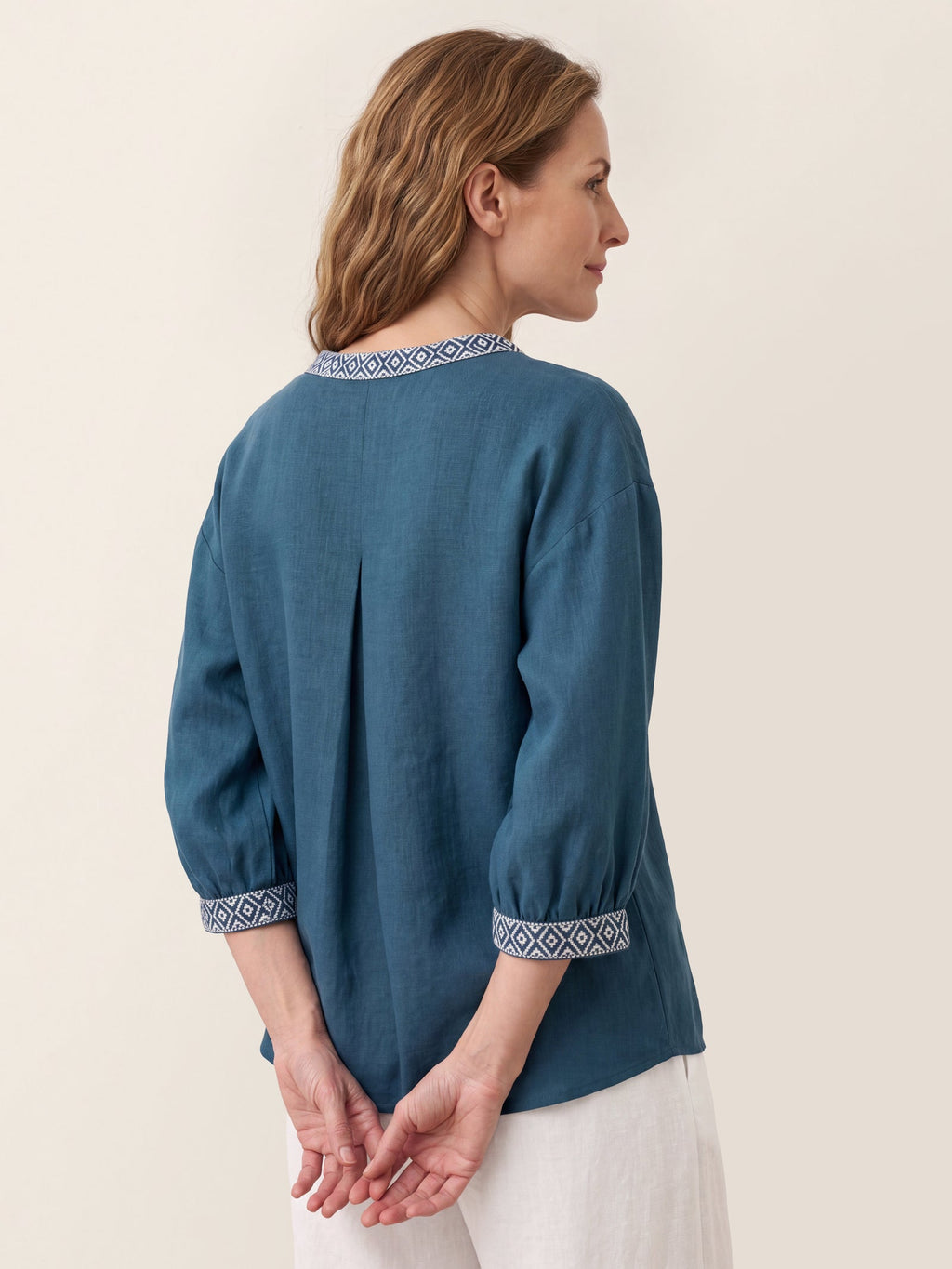 100% Linen Geometric Trim V Neck Shirt SORAYA