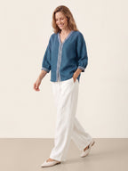100% Linen Geometric Trim V Neck Shirt SORAYA
