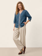 100% Linen Geometric Trim V Neck Shirt SORAYA