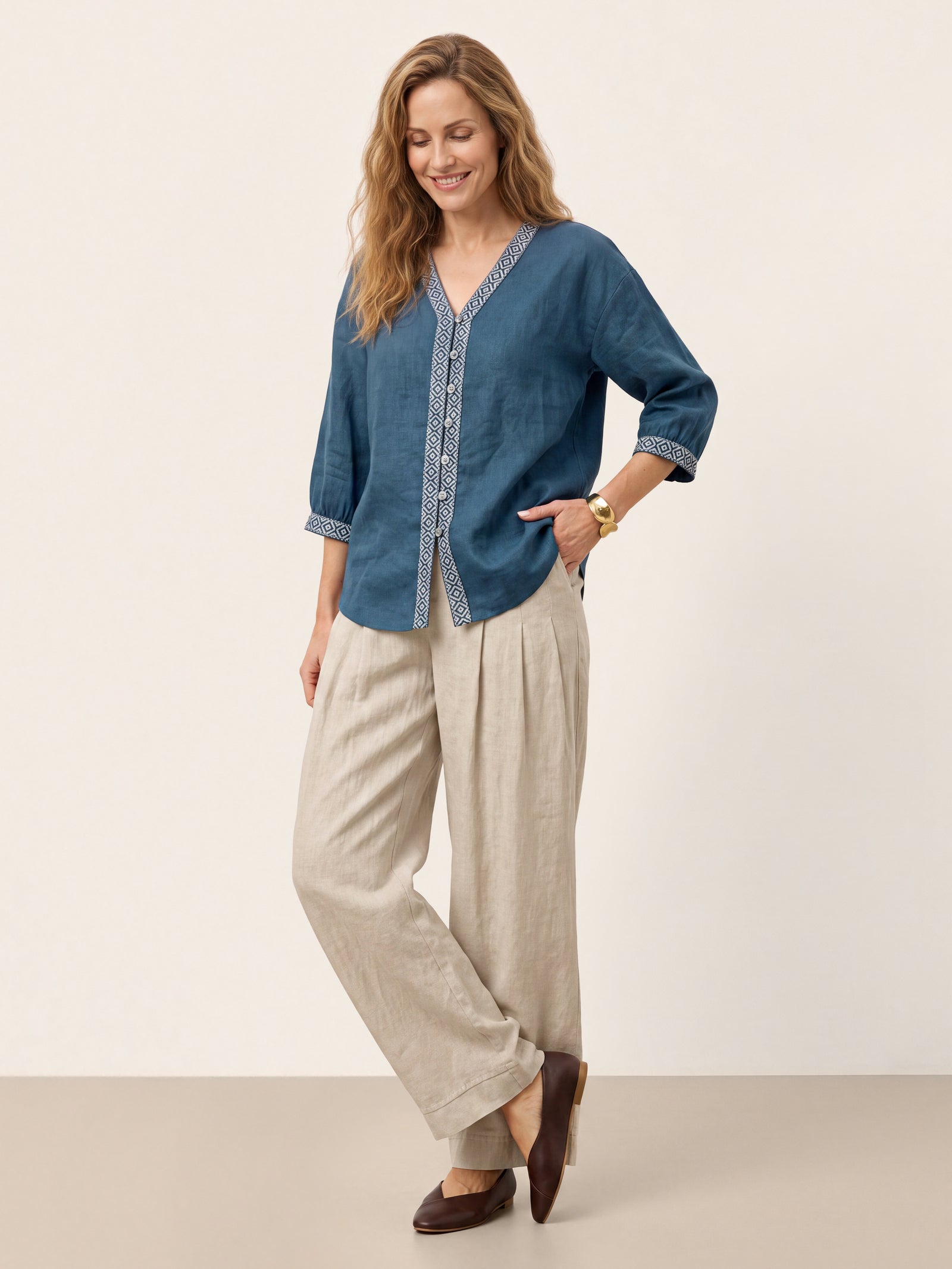 100% Linen Geometric Trim V Neck Shirt SORAYA
