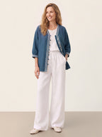 100% Linen Geometric Trim V Neck Shirt SORAYA