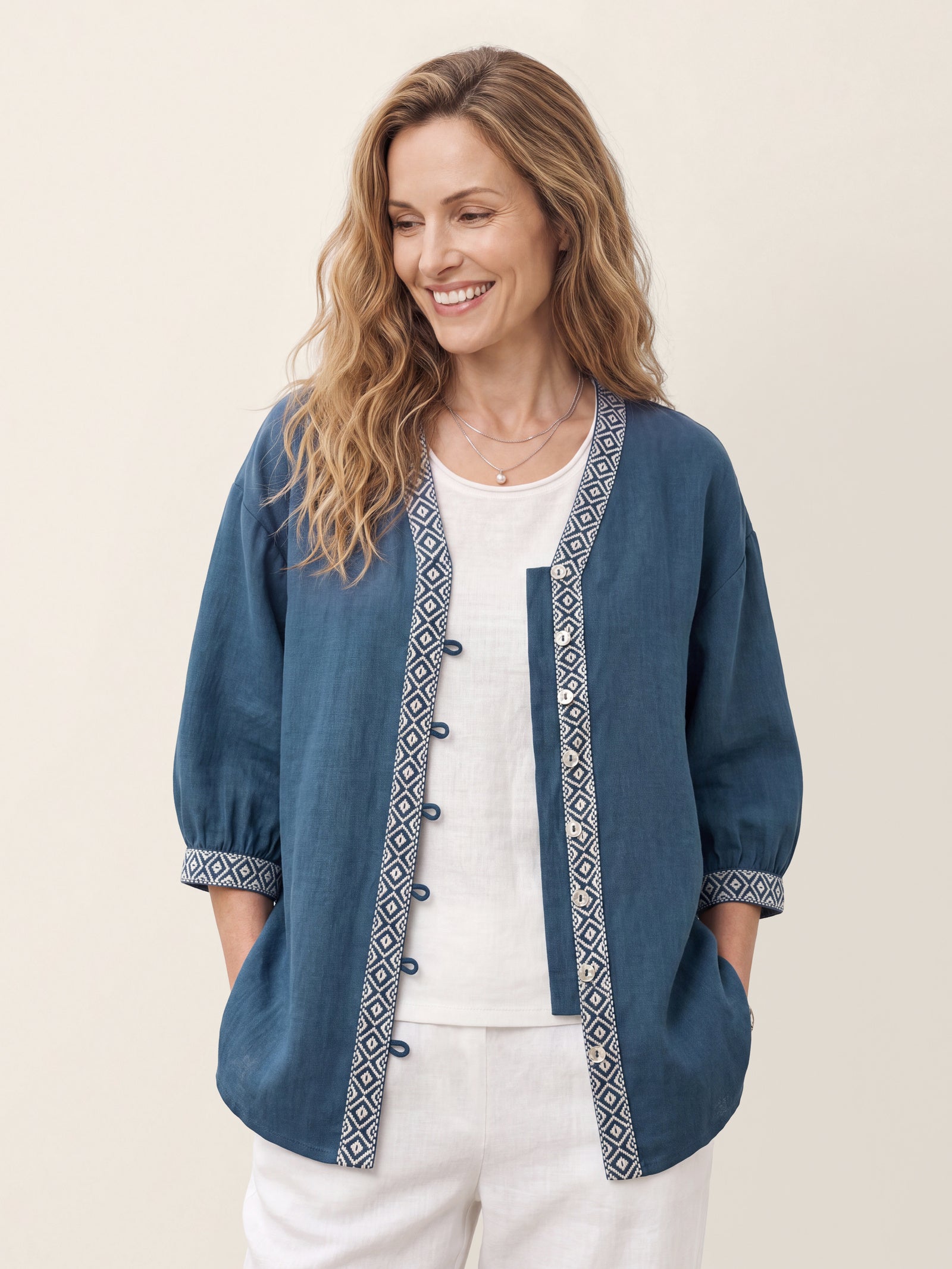 100% Linen Geometric Trim V Neck Shirt SORAYA