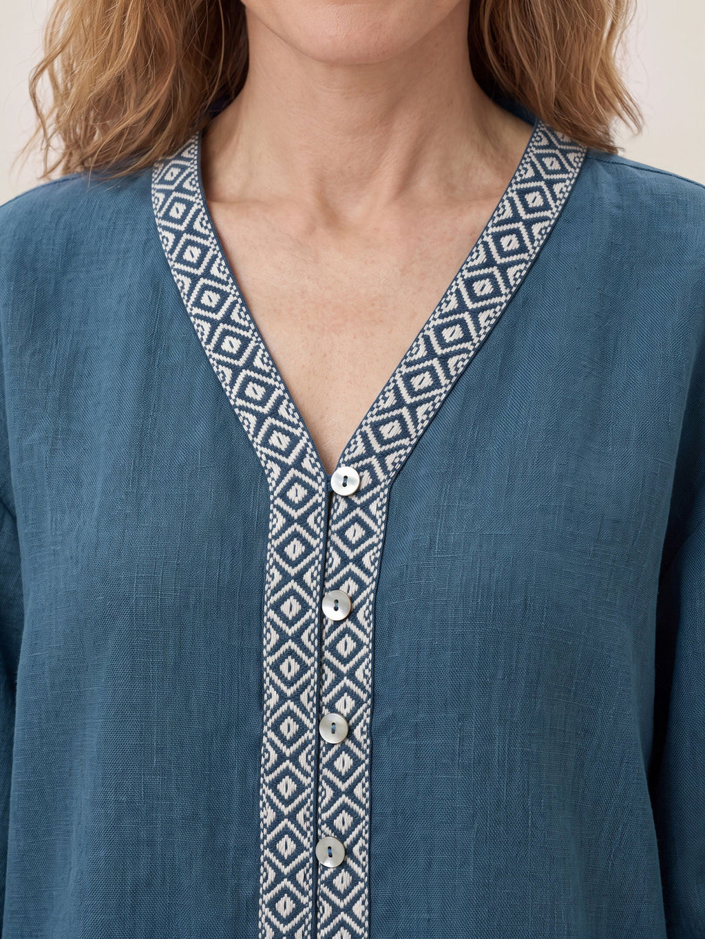 100% Linen Geometric Trim V Neck Shirt SORAYA