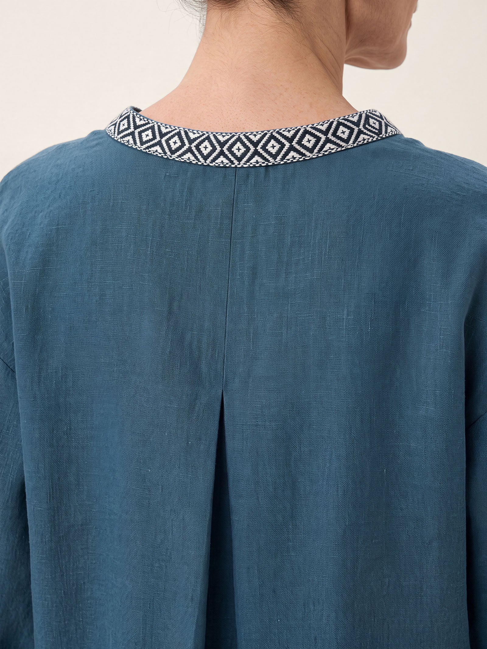 100% Linen Geometric Trim V Neck Shirt SORAYA