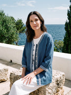 100% Linen Geometric Trim V Neck Shirt SORAYA