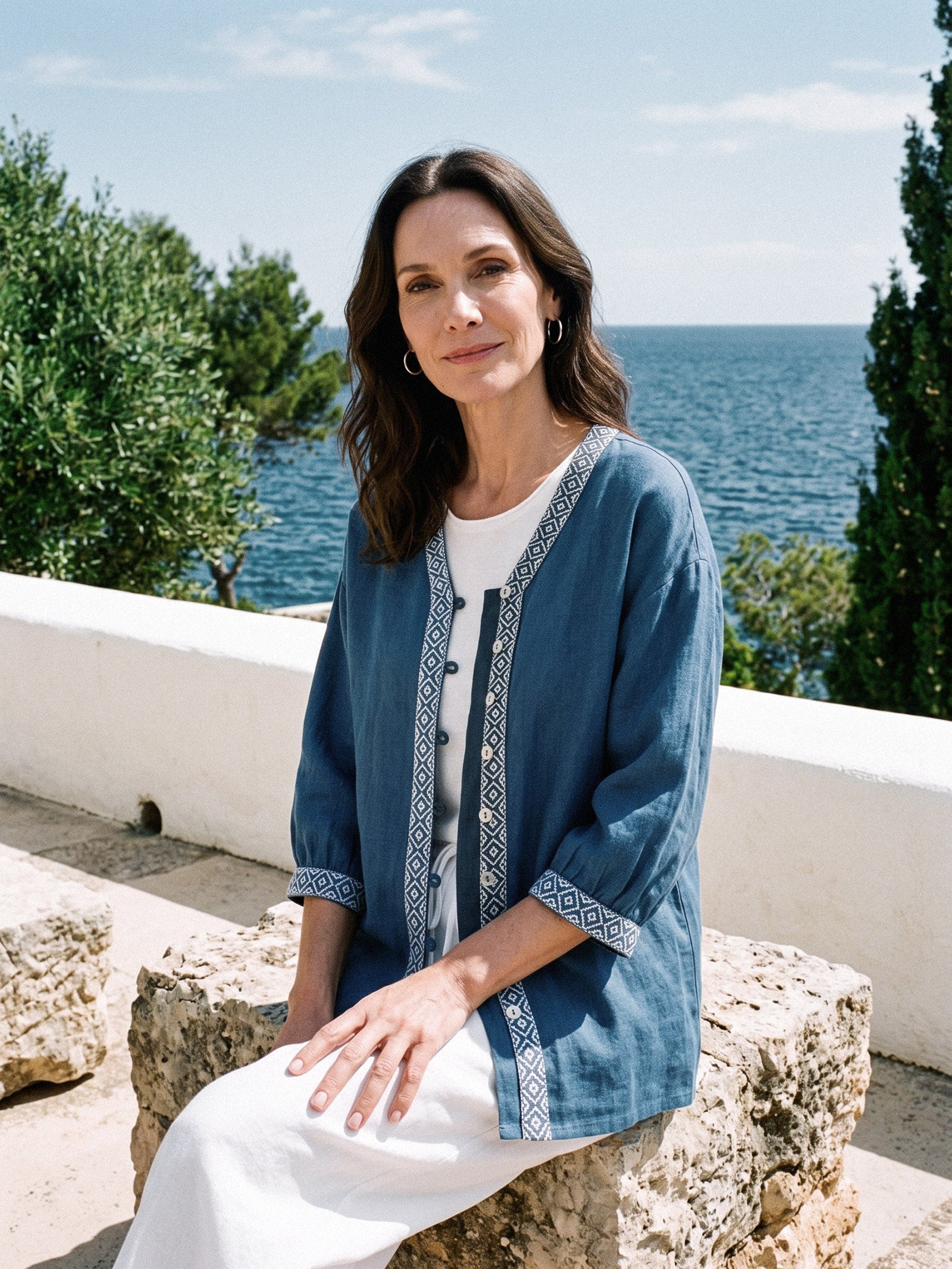100% Linen Geometric Trim V Neck Shirt SORAYA