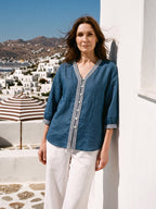 100% Linen Geometric Trim V Neck Shirt SORAYA