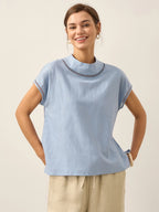 100% Linen Gingham Checked Cutout Turtleneck Top CAROL