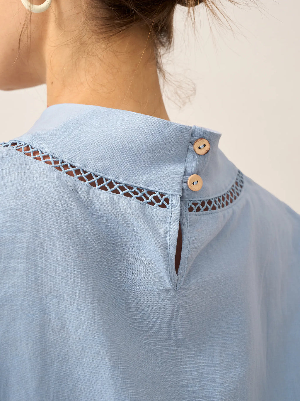 100% Linen Gingham Checked Cutout Turtleneck Top CAROL
