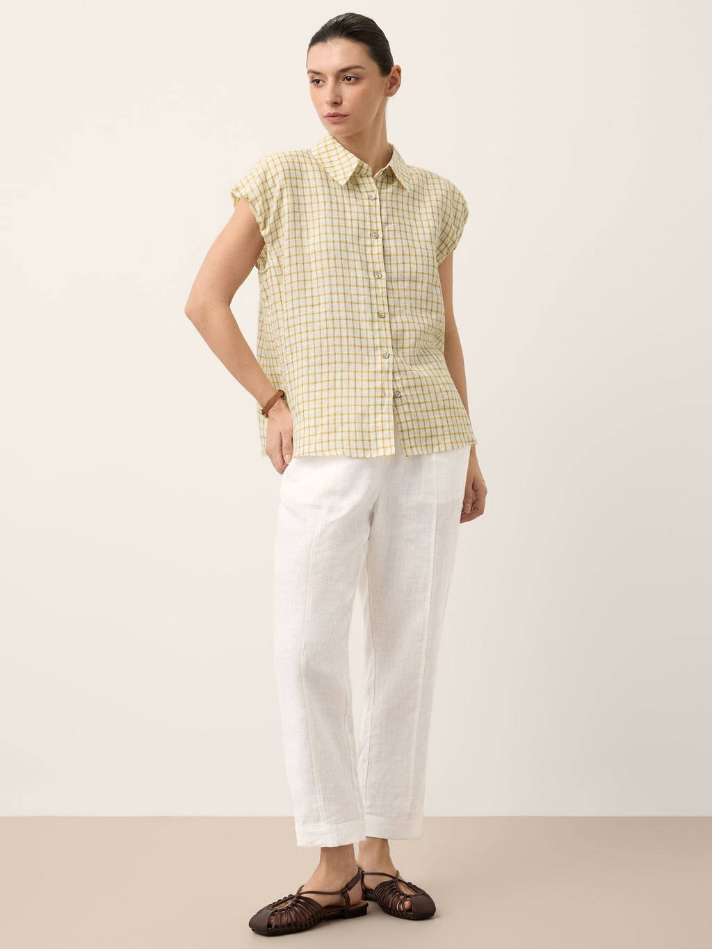 100% Linen Gingham Ruffle Sleeve Shirt CYBELLE