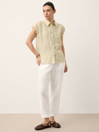 100% Linen Gingham Ruffle Sleeve Shirt CYBELLE