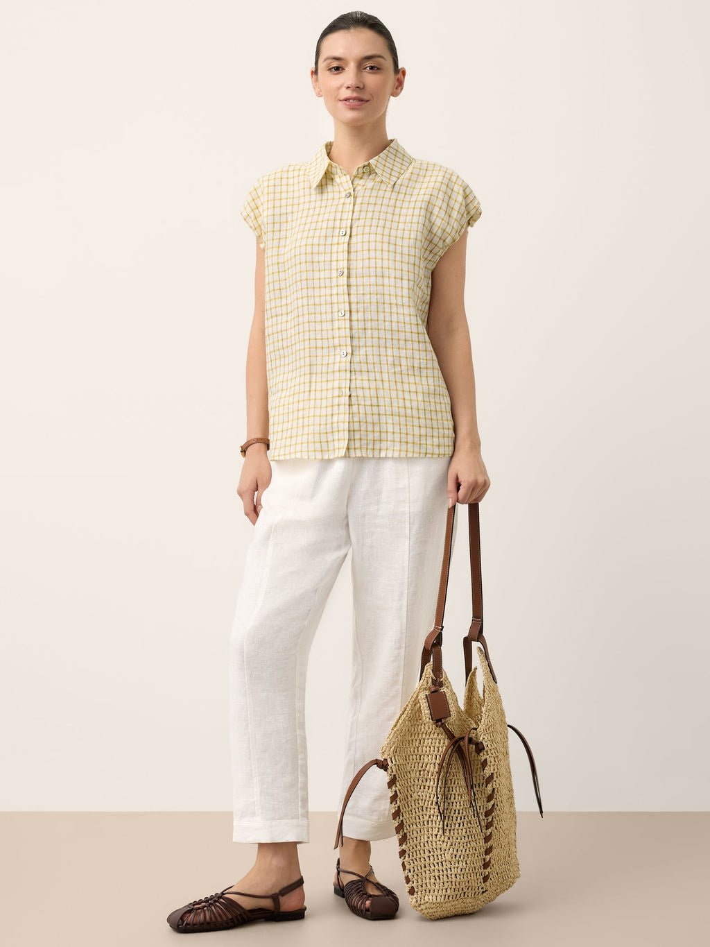 100% Linen Gingham Ruffle Sleeve Shirt CYBELLE