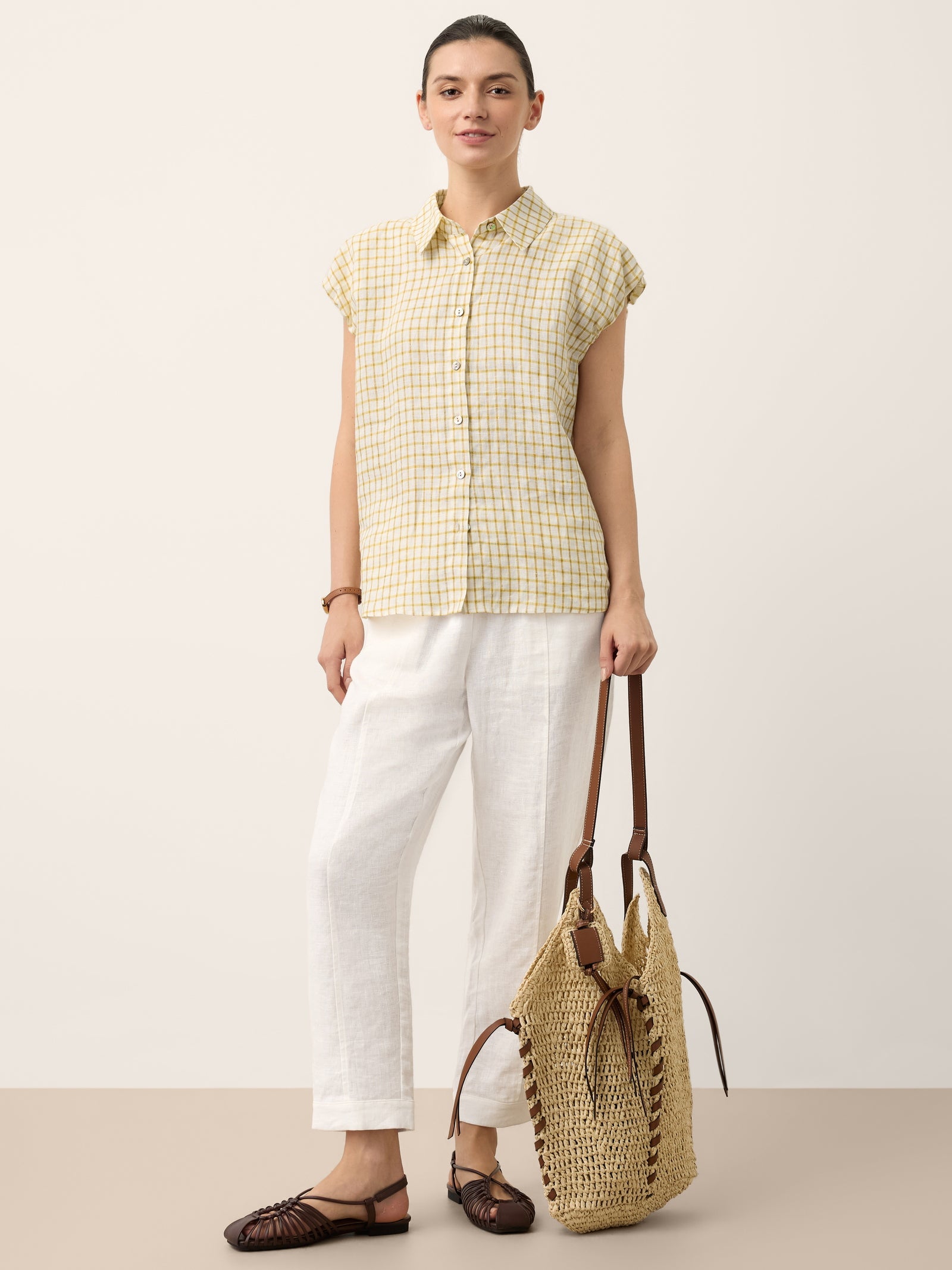 100% Linen Gingham Ruffle Sleeve Shirt CYBELLE