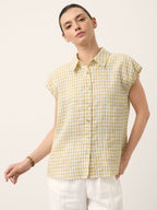 100% Linen Gingham Ruffle Sleeve Shirt CYBELLE
