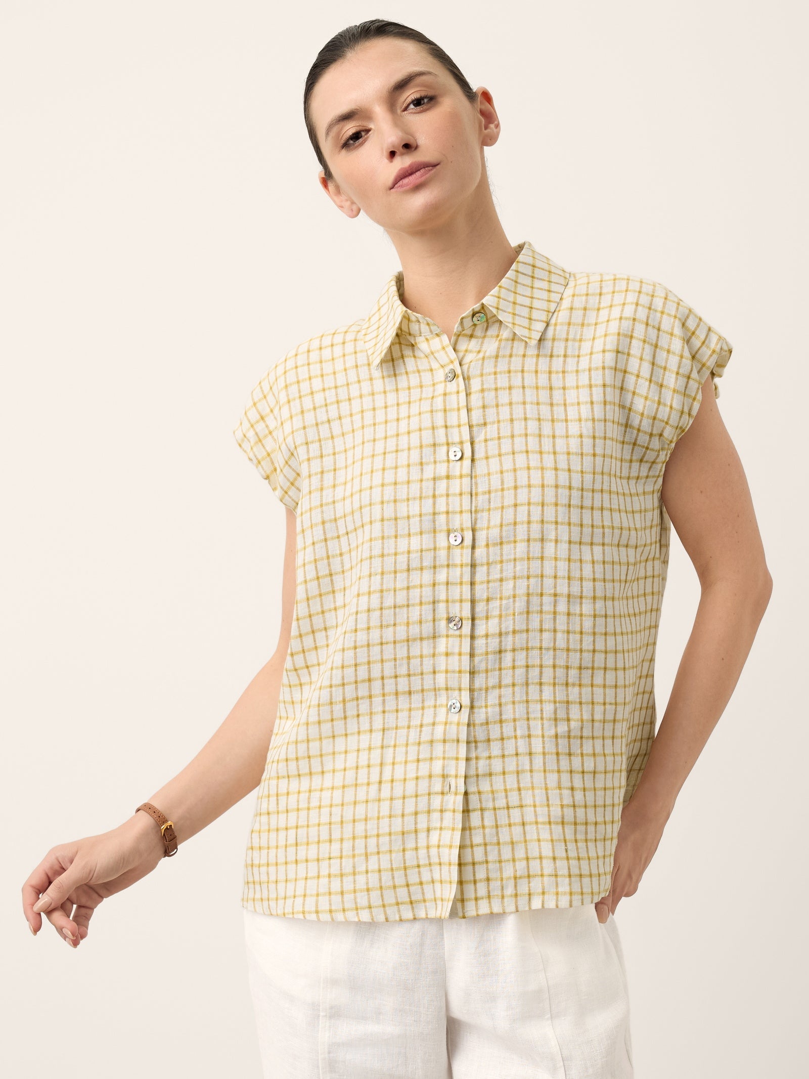 100% Linen Gingham Ruffle Sleeve Shirt CYBELLE